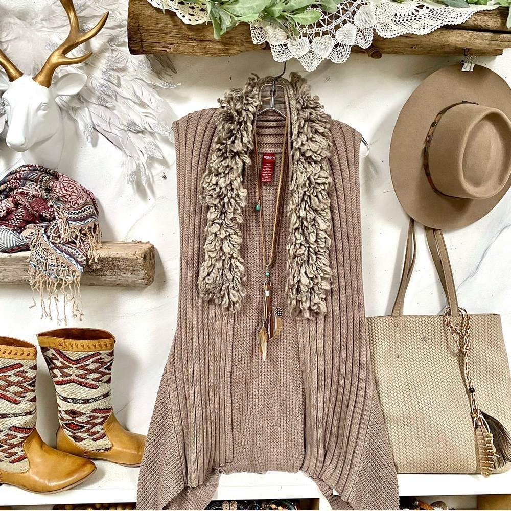 Chalet wool fur collar asymmetrical boho vest w farmhouse cabin cottage vibe